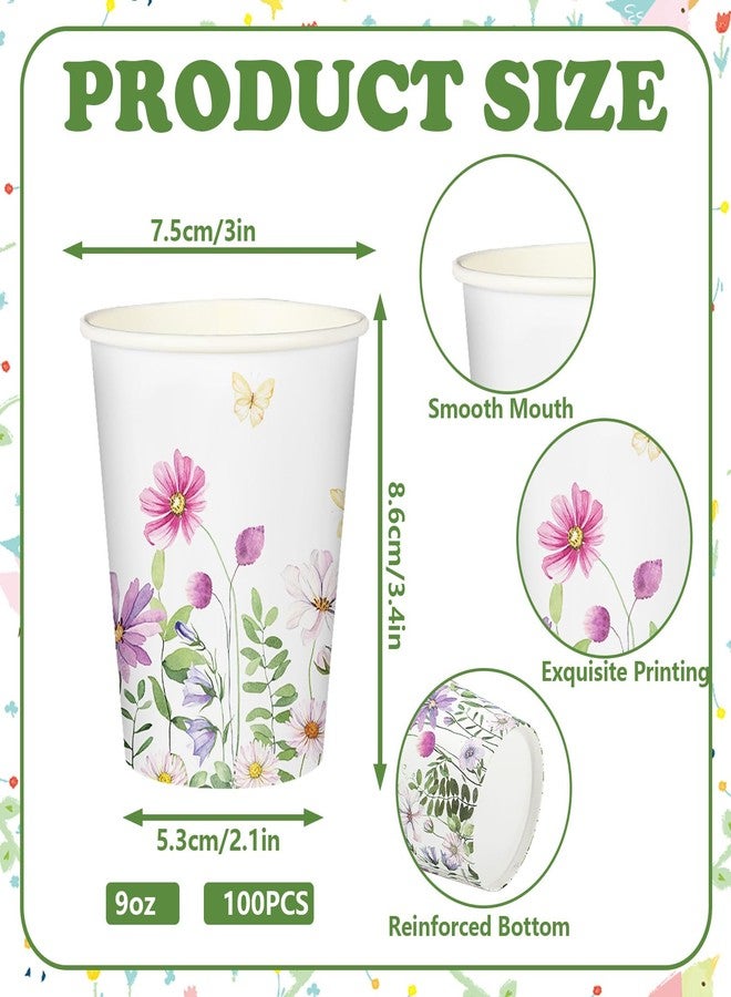 JarThenaAMCS 100Pcs Floral Butterfly Paper Cups 9oz Watercolor Flower Disposable Drinking Cups Spring Party Cups for Hot Cold Juice Coffee Drink Home Bridal Wedding Shower Shower Party Supplies - Image 2